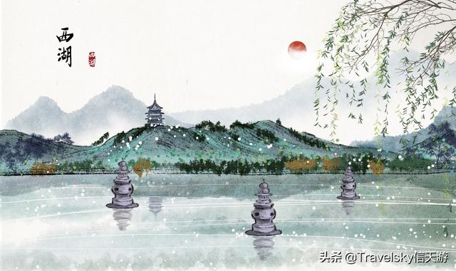 三潭印月是西湖的地标建筑.